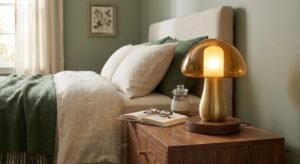 Verdant Living Ribbed Amber Glass & Brushed Brass Mushroom Table Lamp - Image 3