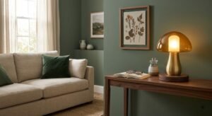 Verdant Living Ribbed Amber Glass & Brushed Brass Mushroom Table Lamp - Image 2